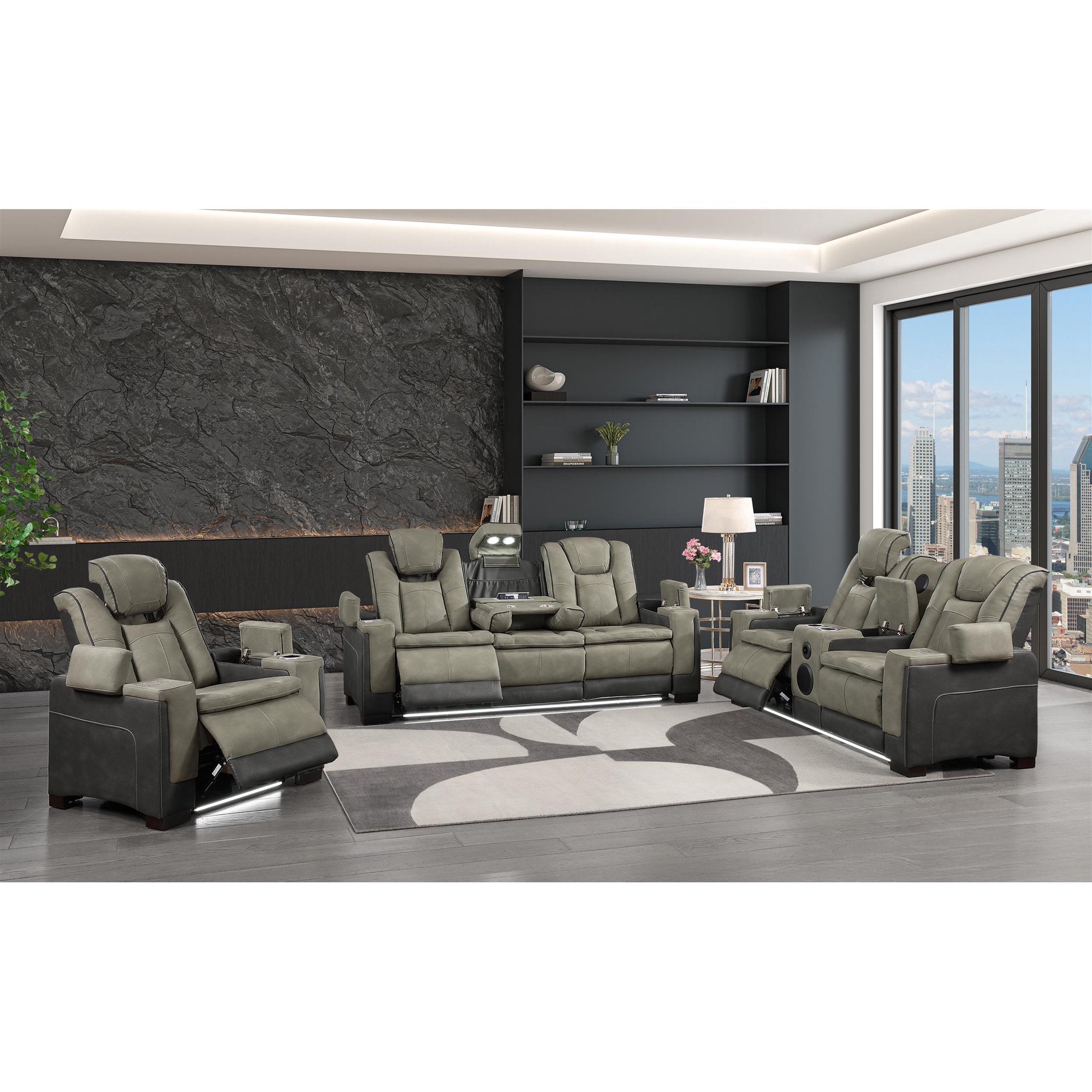 2 pc Bruno two tone grey faux leather power motion sofa and love seat with USB charging, LEDS , cup holders bluetooth speakers