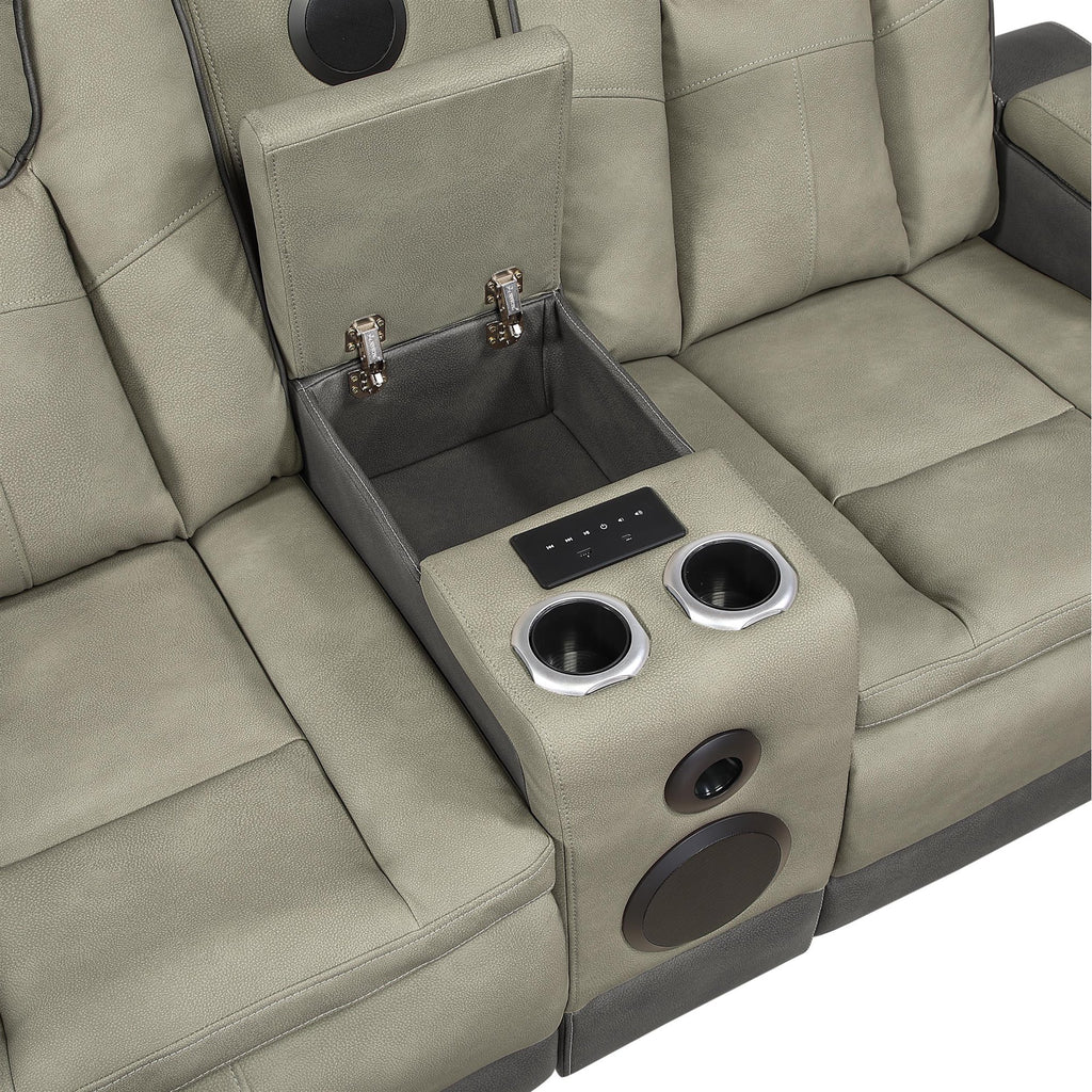 2 pc Bruno two tone grey faux leather power motion sofa and love seat with USB charging, LEDS , cup holders bluetooth speakers