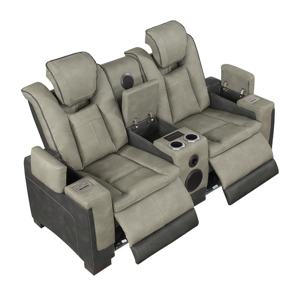 2 pc Bruno two tone grey faux leather power motion sofa and love seat with USB charging, LEDS , cup holders bluetooth speakers