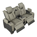 2 pc Bruno two tone grey faux leather power motion sofa and love seat with USB charging, LEDS , cup holders bluetooth speakers
