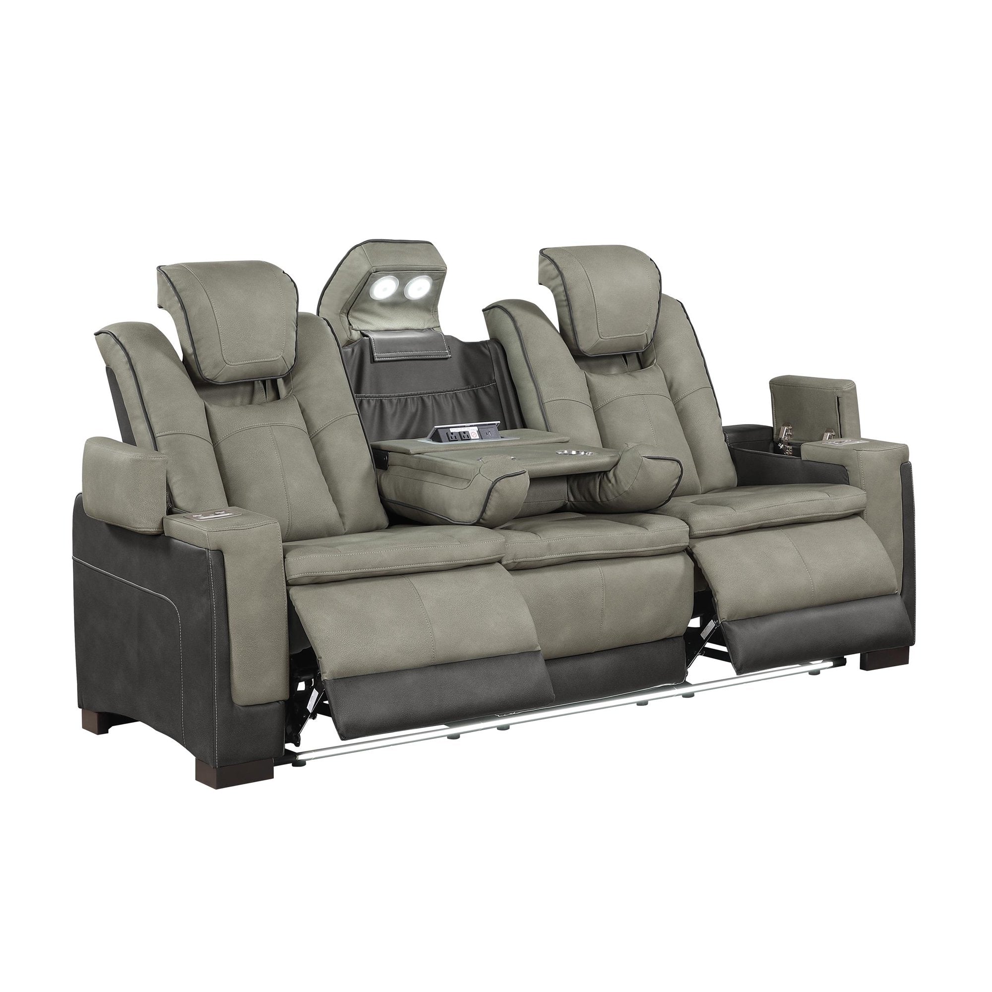 2 pc Bruno two tone grey faux leather power motion sofa and love seat with USB charging, LEDS , cup holders bluetooth speakers