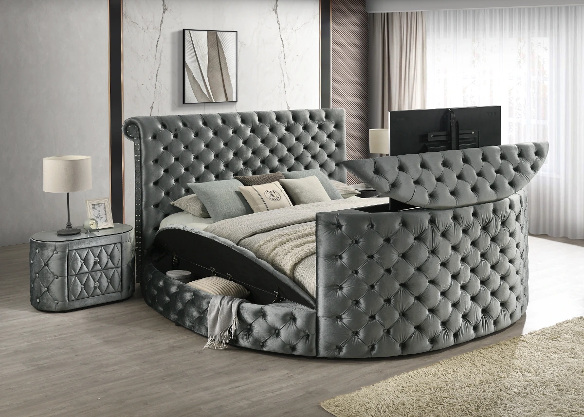 Crown Mark 5212GY Voltare grey velvet fabric tufted round queen storage bed with TV lift and built in LED Fireplace