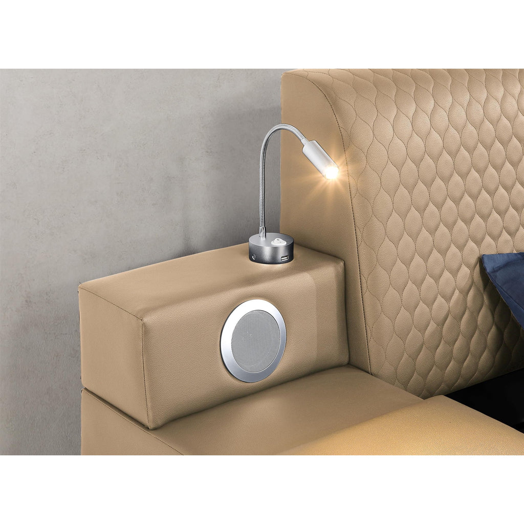 Zoya Caramel Faux Leather Modern Queen Bed with Massage Lounge, Bluetooth Speakers & Reading Lights