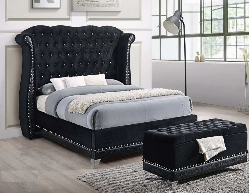 CB3500-BK Breanna Black colored fabric upholstered tufted nail head trim queen bed