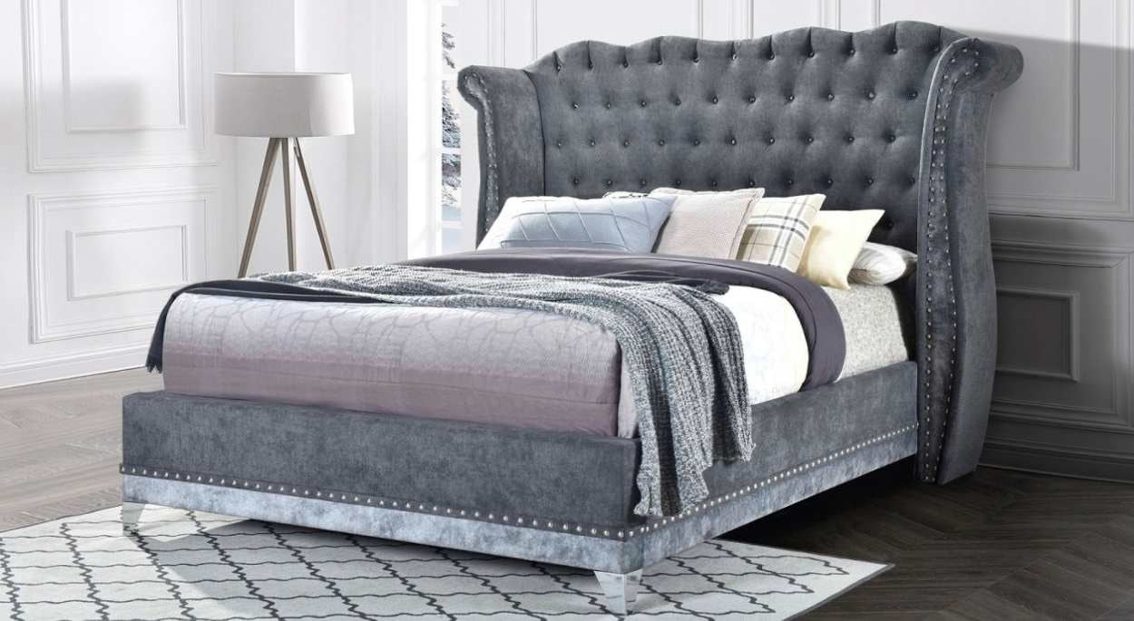 CB3500-GY Breanna grey colored fabric upholstered tufted nail head trim queen bed