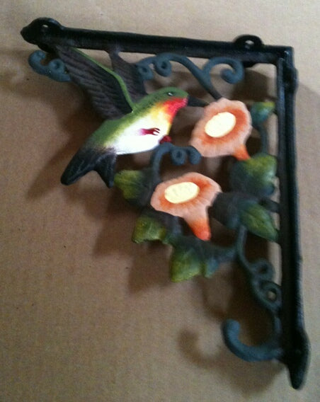 Cast iron multi colored hummingbirds wall and plant hanger