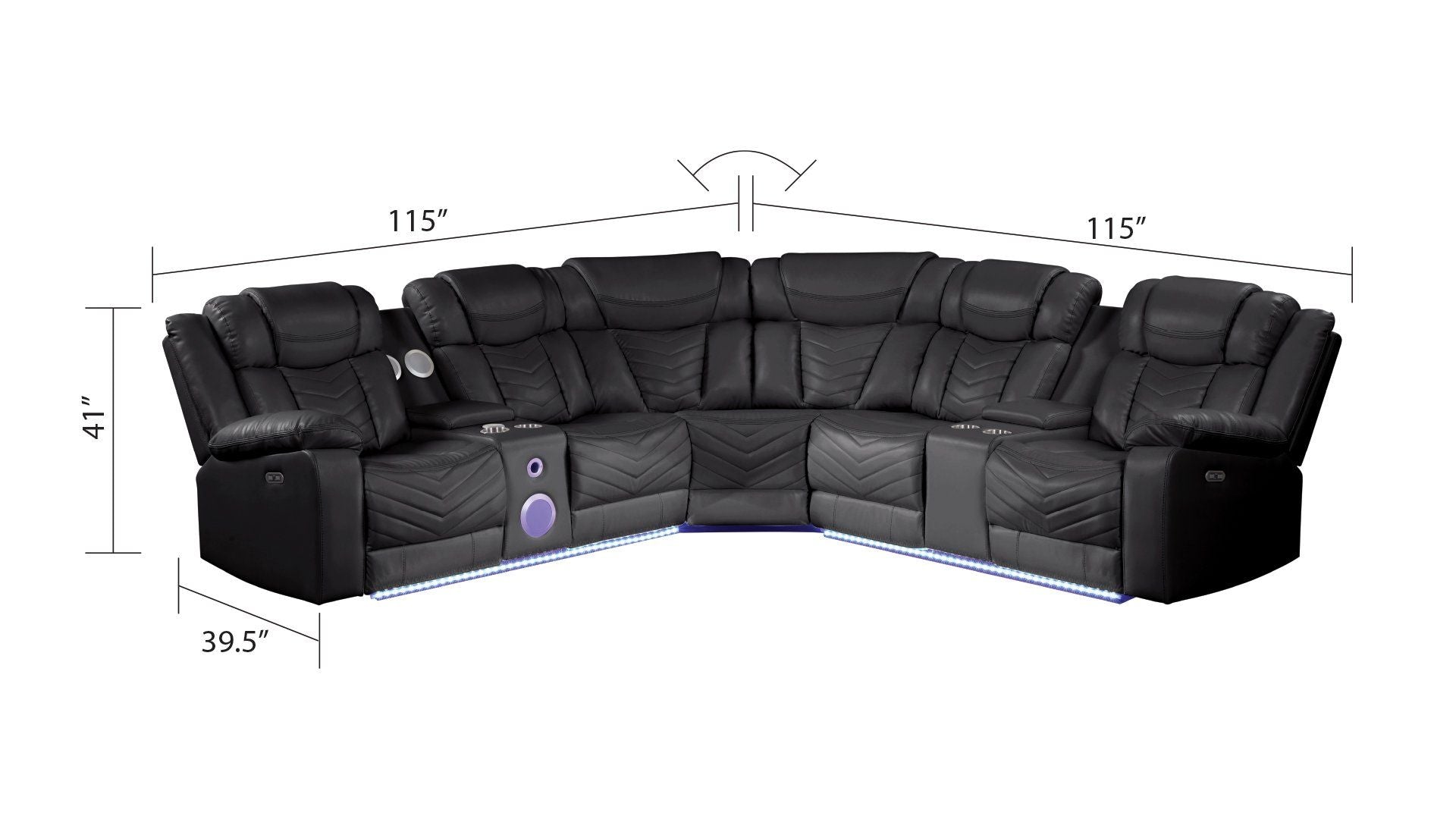 3 pc Challenger black faux leather power motion sectional sofa with LED , USB charging, cup holders Bluetooth speakers