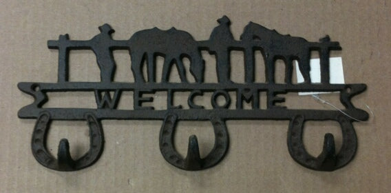 Cast iron cowboys & horses triple hook welcome wall hanger