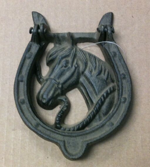 Cast iron horse head and horse shoe door knocker