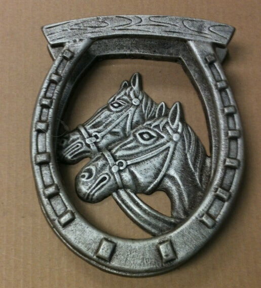 Cast iron antique silver double horse headed door knocker