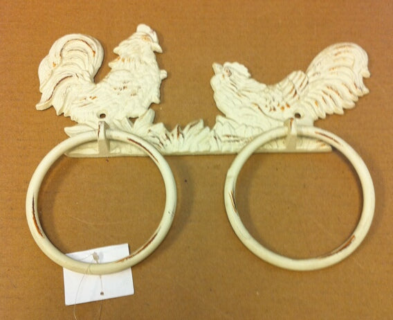 Cast iron antique white two rooster ring hooks