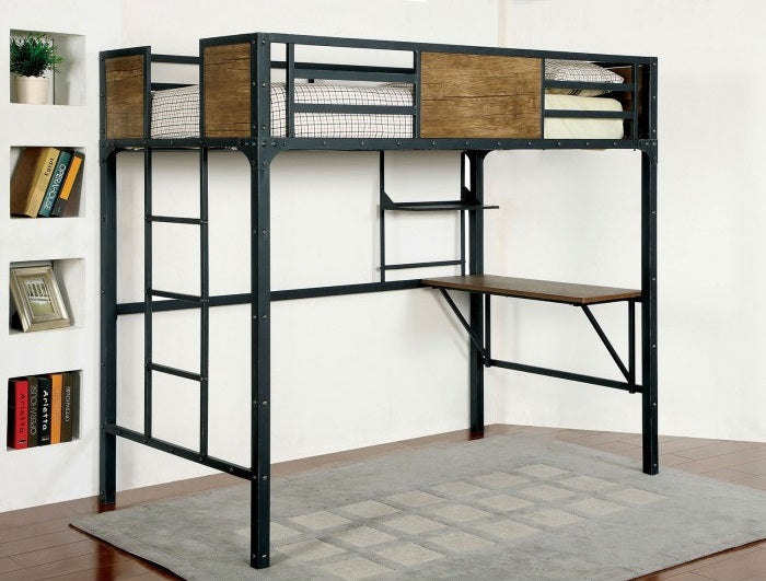 CM-BK029TD Byron aurora clapton black finish metal frame industrial inspired style twin loft workstation bunk bed set