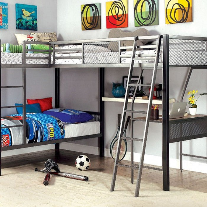 CM-BK1049 Ballarat gray and silver metal finish triple twin over twin over twin with workstation bunk bed set mercury row jamarion