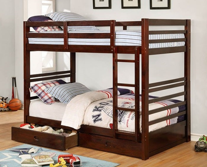 CM-BK588T-EX  California ii dark walnut wood finish mission style twin over twin bunk bed with front access ladder with 2 under bed drawers
