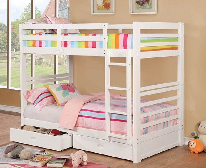 CM-BK588T-WH  California ii white wood finish mission style twin over twin bunk bed with front access ladder with 2 under bed drawers