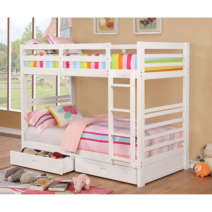 CM-BK588WH California iii white wood finish mission style twin over full bunk bed with front access ladder with 2 under bed drawers