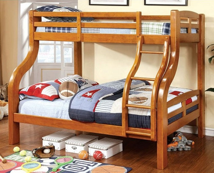CM-BK618 Solpine oak wood finish twin over full bunk bed curved frame