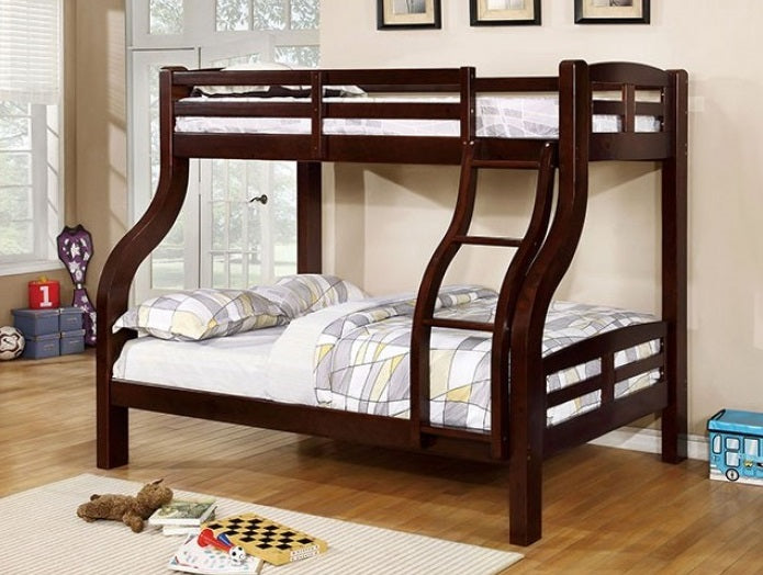 CM-BK618EX Solpine espresso wood finish twin over full bunk bed curved frame