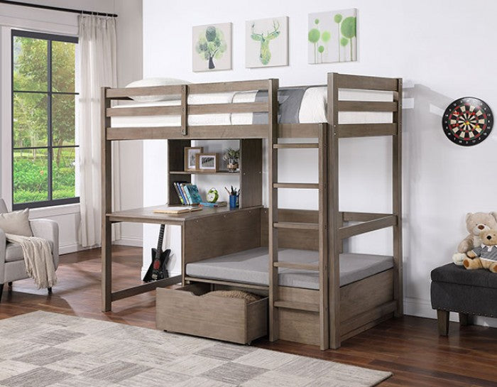 CM-BK828GY Callistus warm grey finish wood twin loft bed with workstation