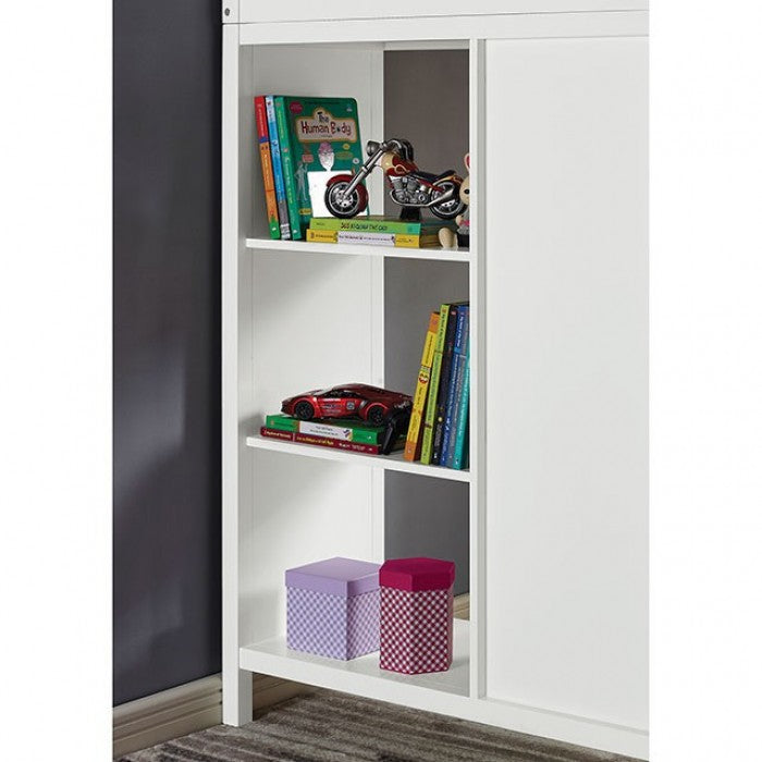 CM-BK970 Cassidy white finish wood twin loft bunk bed with bookcase , desk and drawers