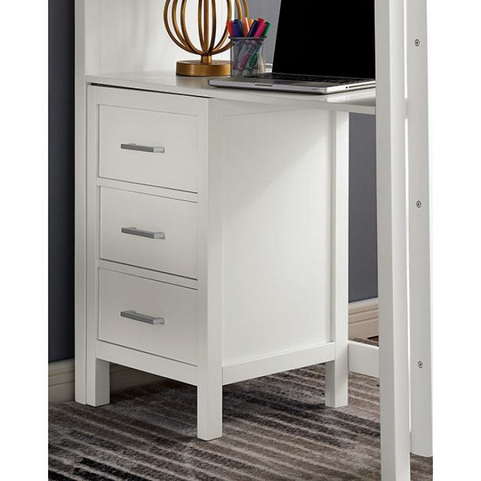 CM-BK970 Cassidy white finish wood twin loft bunk bed with bookcase , desk and drawers