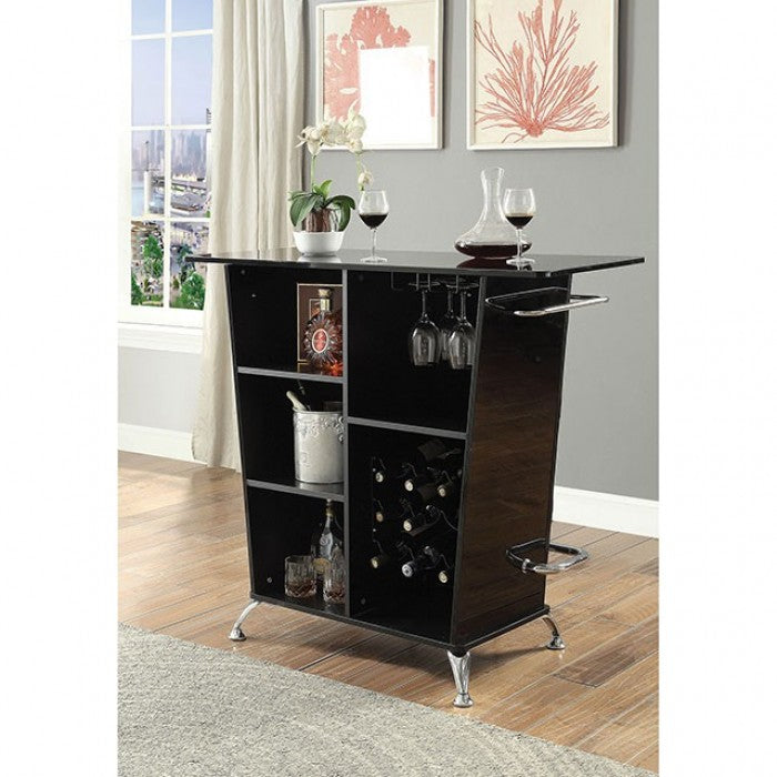 CM-BT6464BK Fuero Black finish wood bar table with wine racks and foot rest