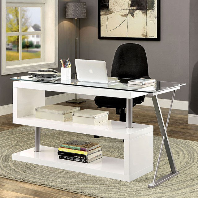 CM-DK6131WH Bronwen white finish wood and glass top l shaped convertible desk