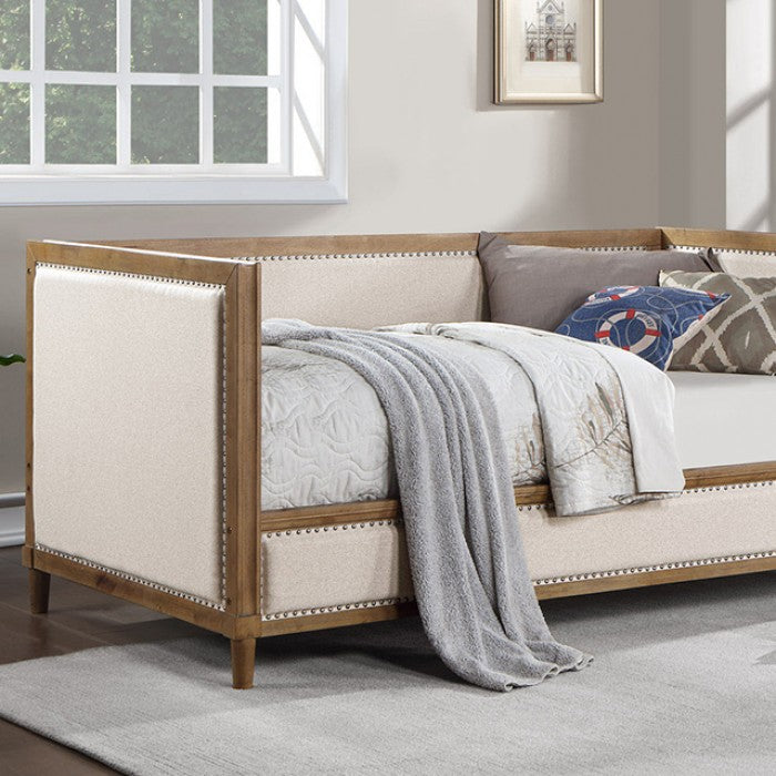 CM1750BG Chiron beige tufted linen like fabric light oak finish wood frame twin size day bed nail head trim