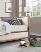 CM1750BG Chiron beige tufted linen like fabric light oak finish wood frame twin size day bed nail head trim