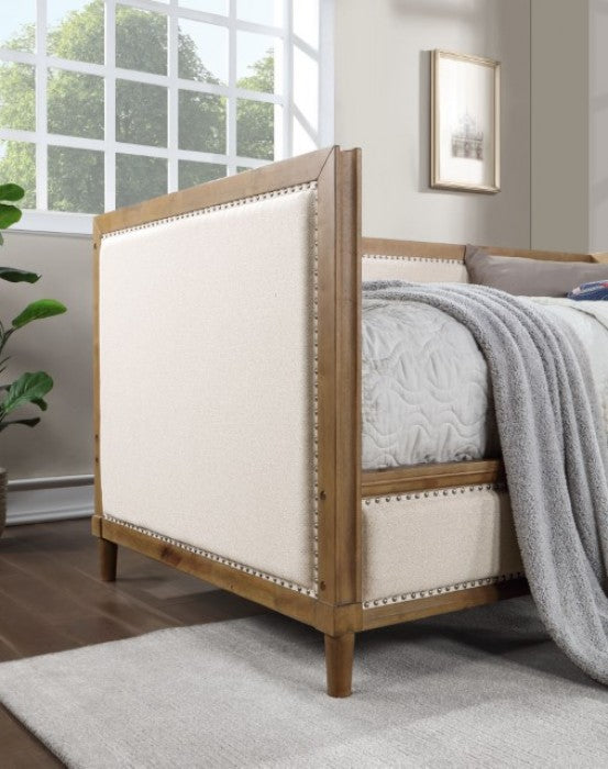 CM1750BG Chiron beige tufted linen like fabric light oak finish wood frame twin size day bed nail head trim