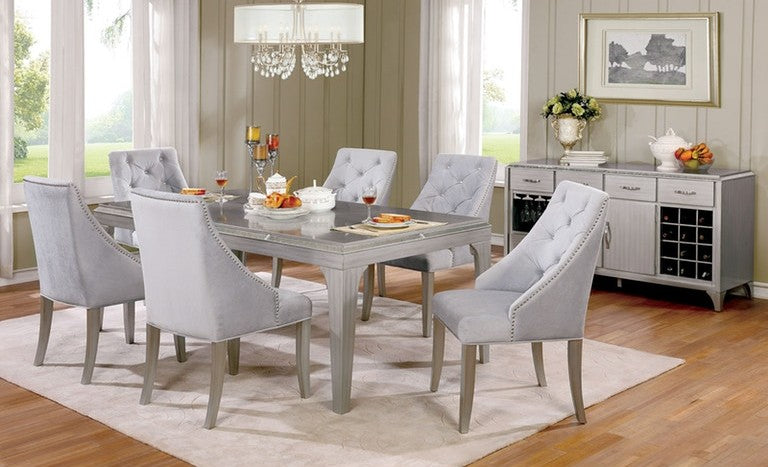CM3020T 7 pc One allium way arthur diocles silver finish wood dining table set with antique mirror inserts