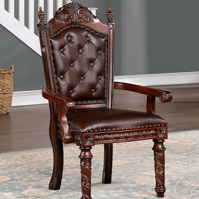 CM3144AC Set of 2 Rosdorf park Canyonville cherry brown finish wood arm chairs with tufted backs and faux leather upholstery
