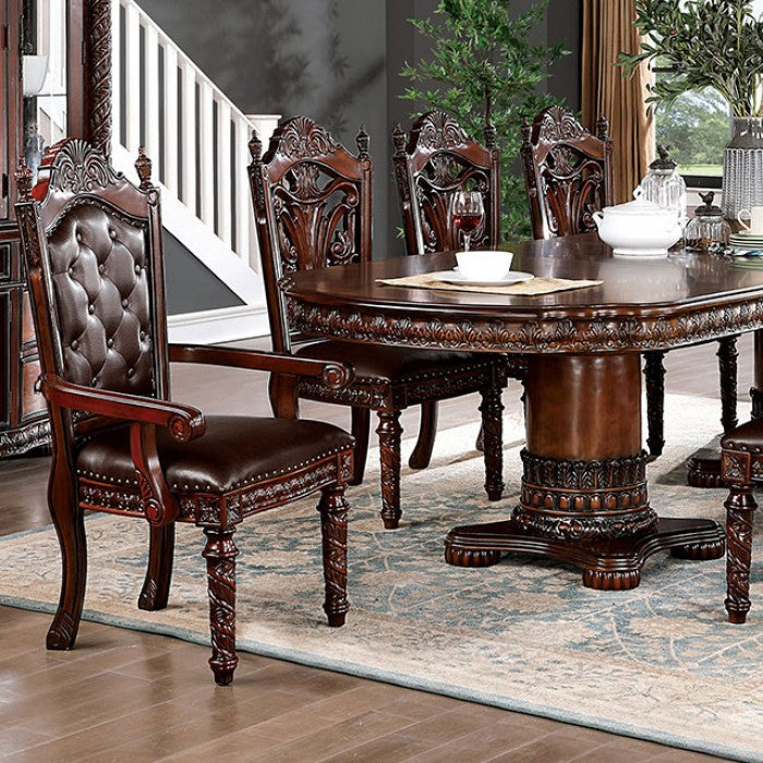 CM3144T-7PC 7 pc Rosdorf park Canyonville cherry brown finish wood double pedestal dining table set carved accents
