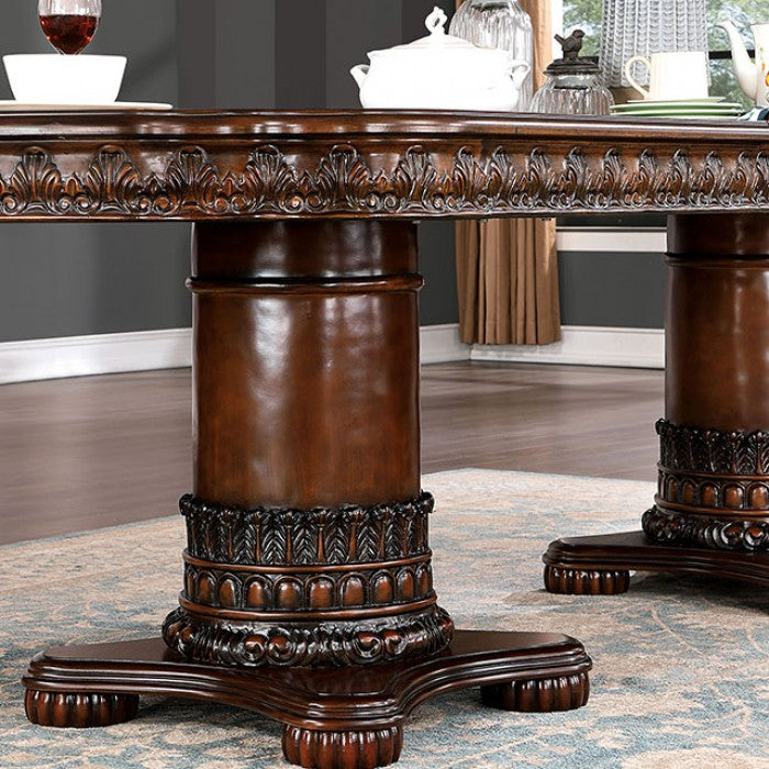 CM3144T-7PC 7 pc Rosdorf park Canyonville cherry brown finish wood double pedestal dining table set carved accents