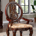 CM3145AC Set of 2 Alcott hill montcalm normandy brown cherry finish wood arm chairs with fabric seats and ornate oval backs