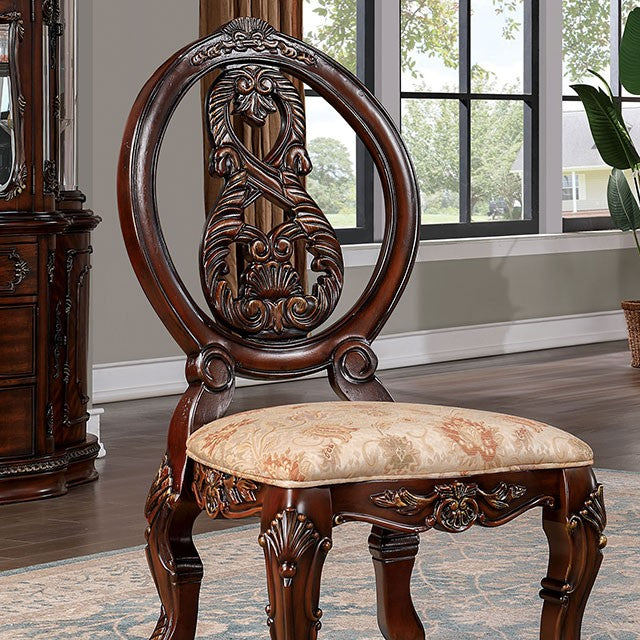 CM3145SC Set of 2 Alcott hill montcalm normandy brown cherry finish wood side chairs with fabric seats and ornate oval backs