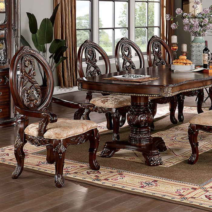 CM3145T-7pc 7 pc Alcott hill montcalm normandy brown cherry finish wood double pedestal dining table set