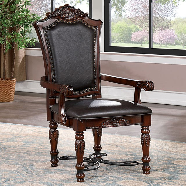 CM3147AC  Set of 2 Picardy cherry brown finish wood arm chairs with faux leather upholstery and metal accents