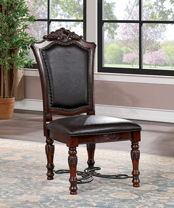 CM3147SC  Set of 2 Picardy cherry brown finish wood side chairs with faux leather upholstery and metal accents