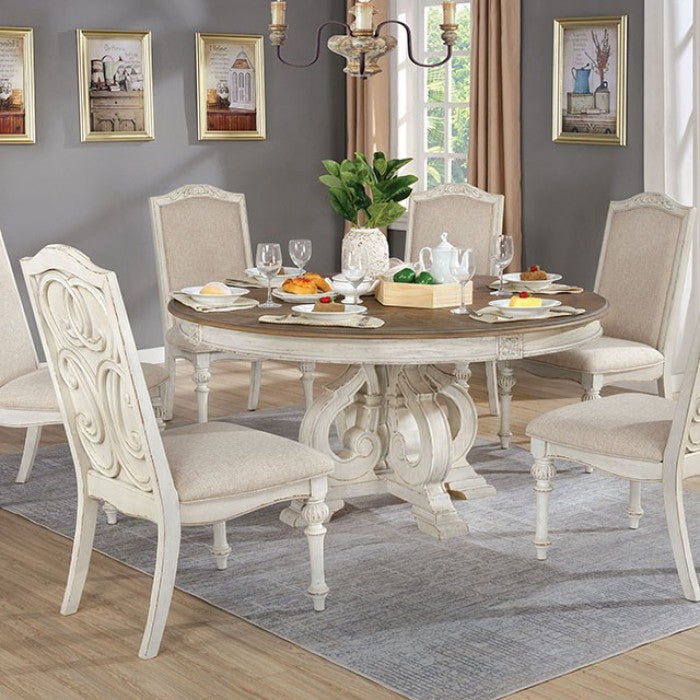 CM3150WH-RT 5 pc August grove abbottstown arcadia rustic antique white finish wood 60" round dining table set