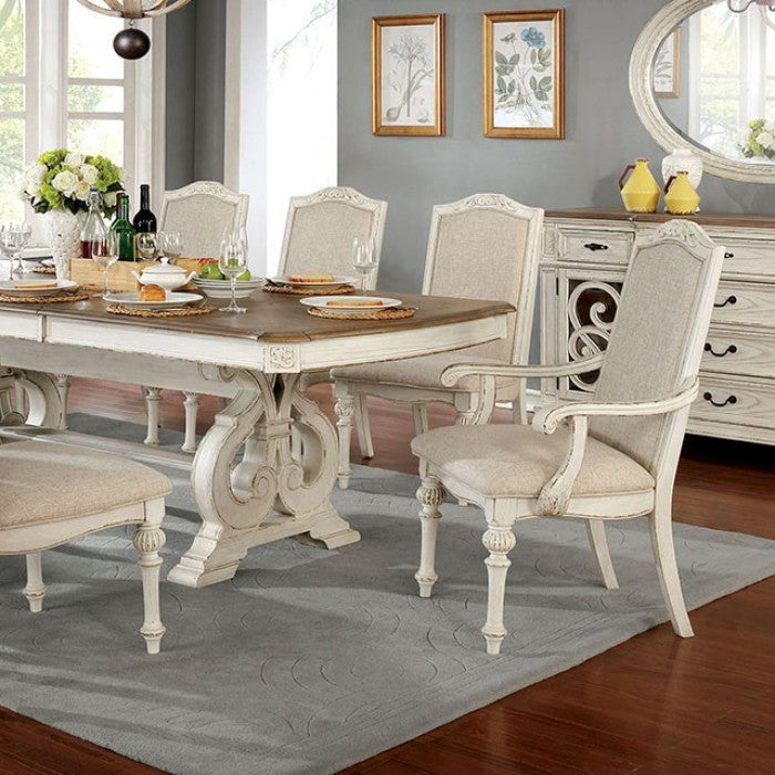 CM3150WH-T-7PC 7 pc Arcadia rustic antique white finish wood trestle base dining table set