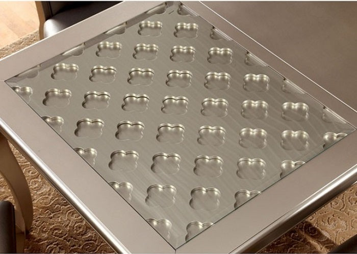 CM3219T-7PC 7 pc Pelia amina champagne finish wood dining table set with glass insert top