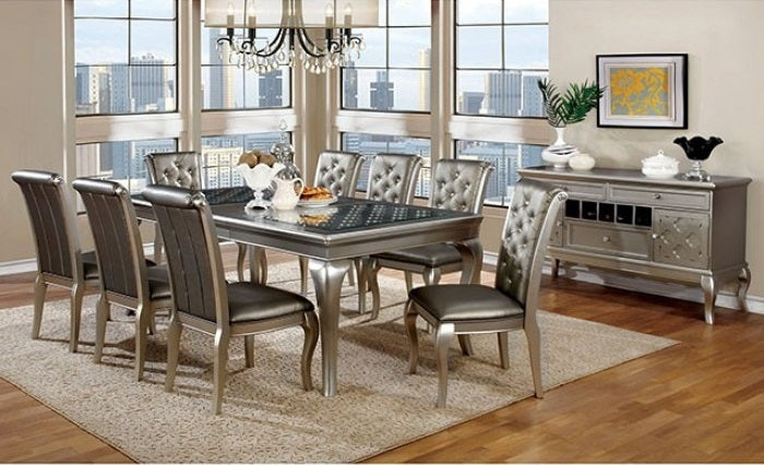 CM3219T-7PC 7 pc Pelia amina champagne finish wood dining table set with glass insert top