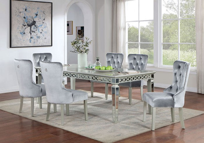 CM3241SVT-7PC 7 pc Adalia silver finish wood dark gray velvet fabric tufted chairs dining table set with mirrored accents
