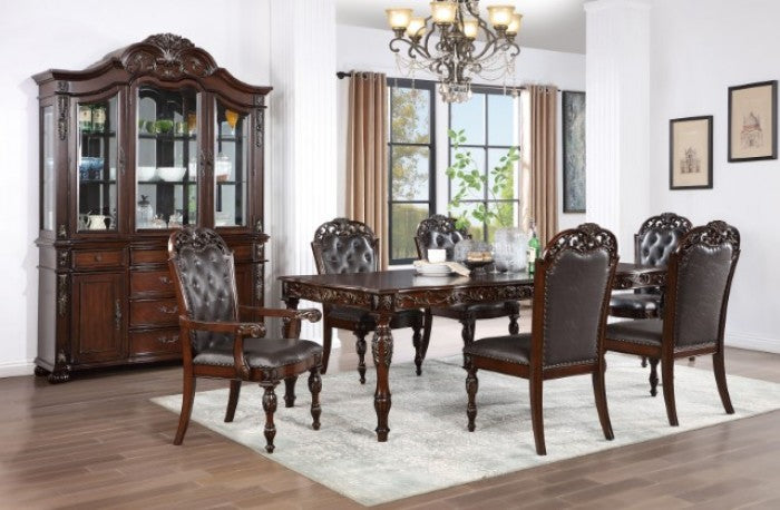 CM3256CH-T-7PC  7 pc Nouvelle cherry brown finish wood dining table set carved accents tufted backs