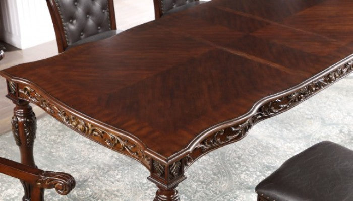 CM3256CH-T-7PC  7 pc Nouvelle cherry brown finish wood dining table set carved accents tufted backs