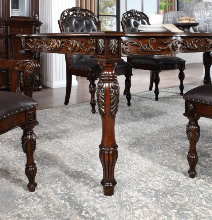 CM3256CH-T-7PC  7 pc Nouvelle cherry brown finish wood dining table set carved accents tufted backs
