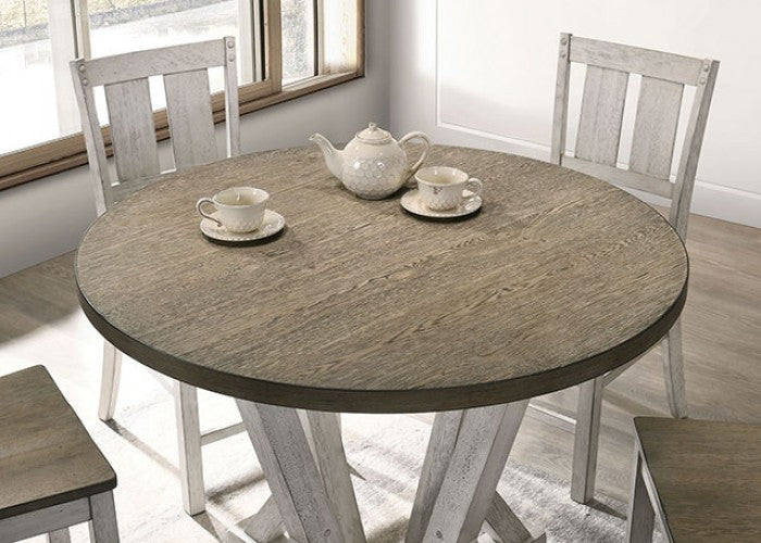 CM3289BR-RPT 5 pc Dakota two tone white wash and ash brown finish wood 48" round farmhouse style counter height dining table set