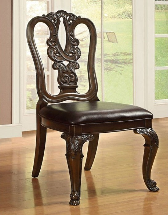 CM3319-SC 2 pc bellagio brown cherry finish wood faux leather seat carved wood back dining chairs