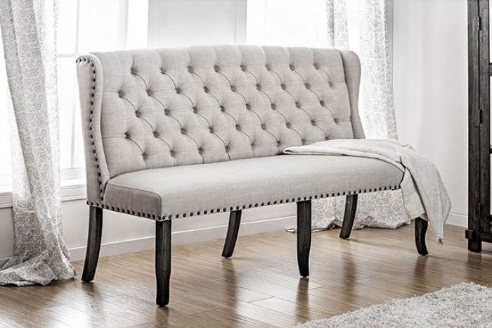 CM3324BK-T-84 6 pc sania i antique black finish wood rustic style dining table set with tufted bench